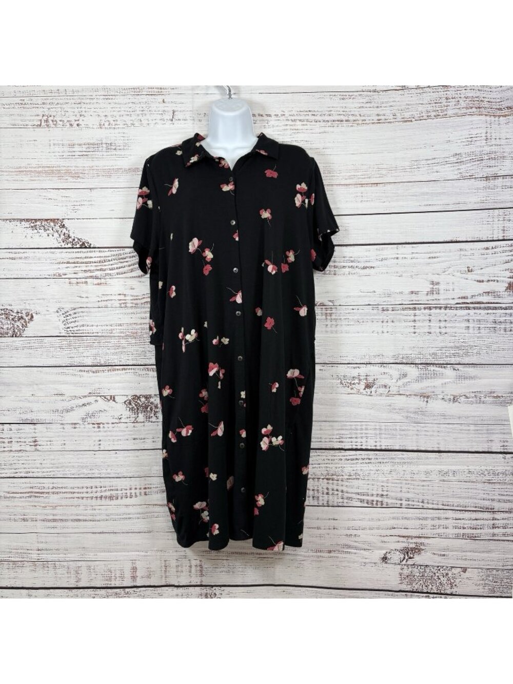 J.Jill Womens Black Floral Button Front Knit Short Sleeve Dress